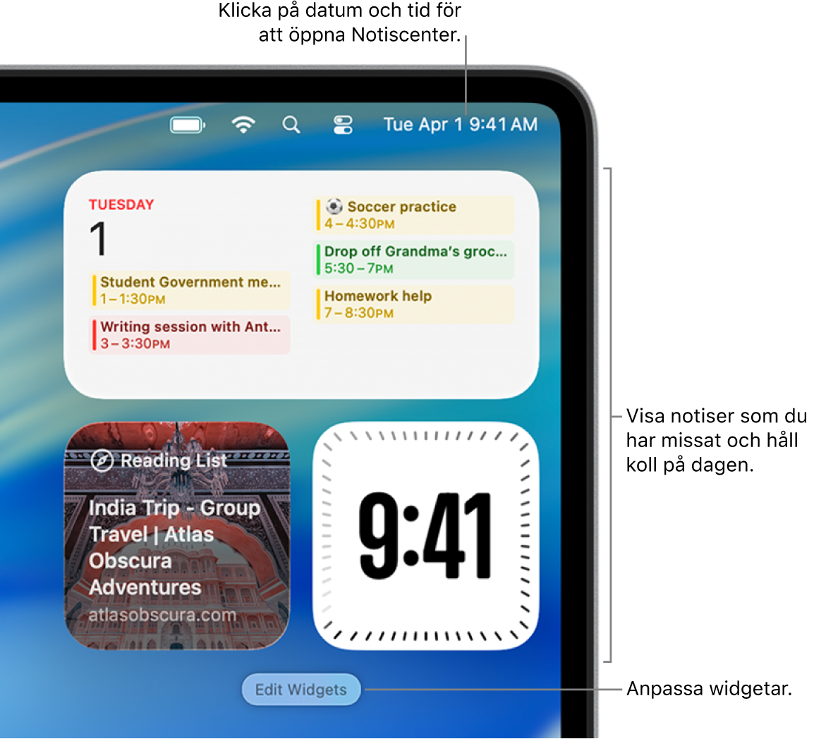 Notiser och widgetar i Notiscenter.