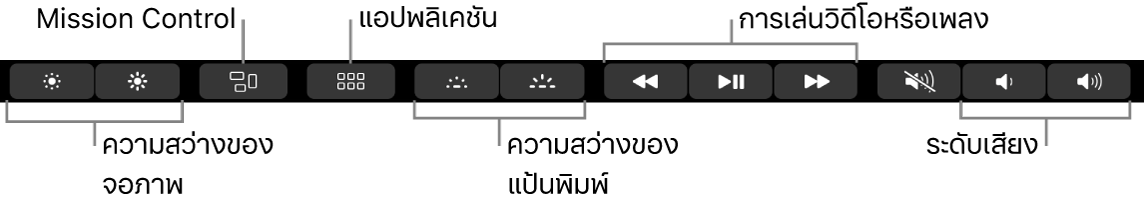 Control Strip ที่ขยายอยู่จะมีปุ่มต่างๆ เรียงจากซ้ายไปขวาดังนี้ ความสว่างจอภาพ, Mission Control, แอปพลิเคชัน, ความสว่างแป้นพิมพ์, การเล่นวิดีโอหรือเพลง และระดับเสียง
