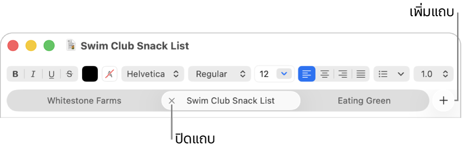 หน้าต่างแอป TextEdit จะมีสามแถบในเมนูแถบอยู่ที่ด้านล่างของแถบจัดรูปแบบ แถบหนึ่งอันแสดงปุ่มปิด ปุ่มเพิ่มอยู่ที่ด้านขวาสุดของรายการแถบ