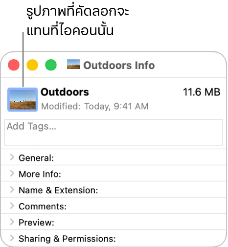 หน้าต่างข้อมูลสำหรับโฟลเดอร์ที่แสดงไอคอนทั่วไปถูกแทนที่ด้วยรูปภาพ