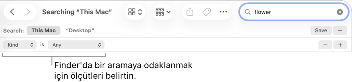 Arama ölçütü belirtme alanlarını gösteren Finder penceresi.