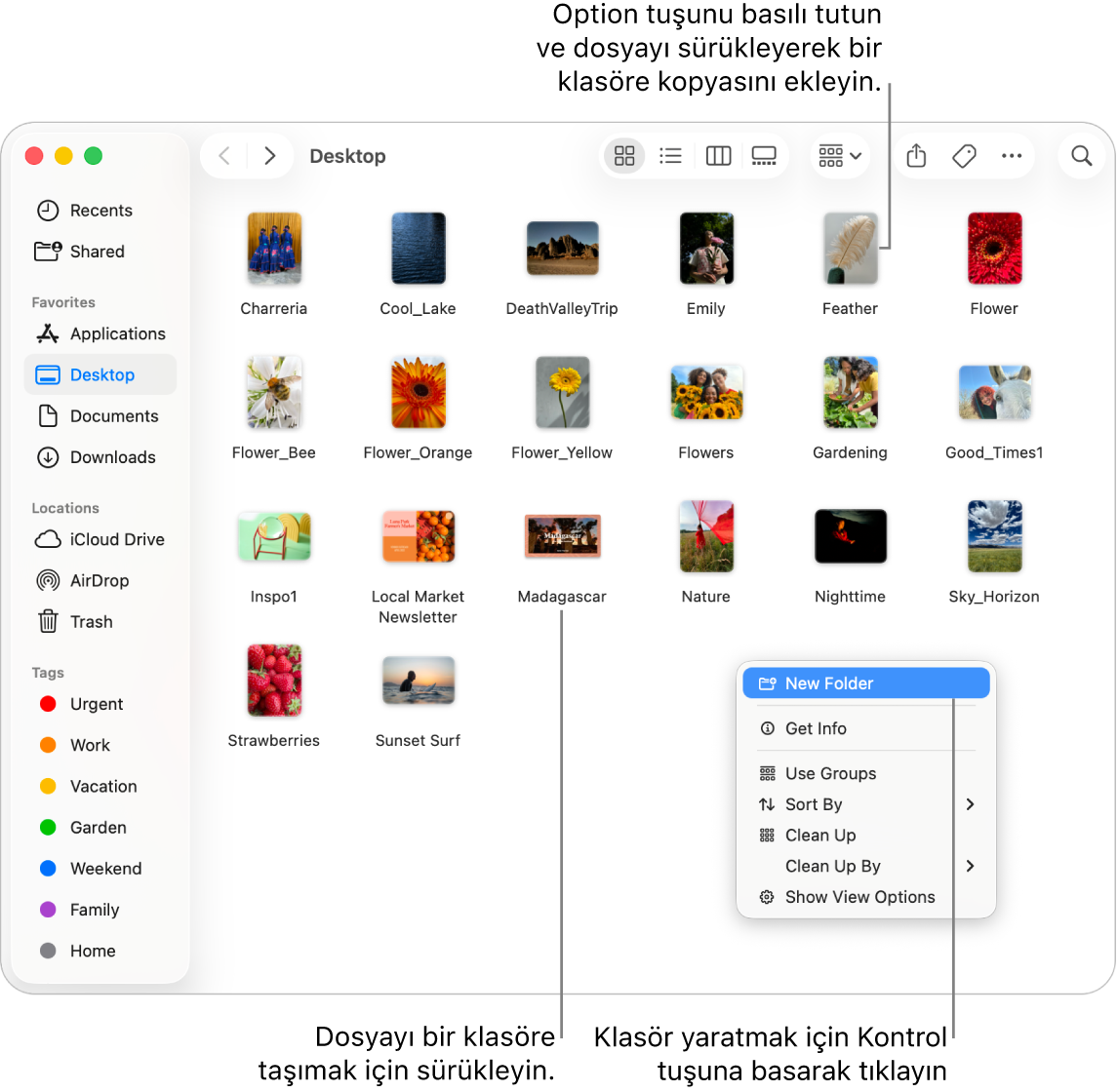 Dosyaları ve klasörleri içeren bir Finder penceresi. Kestirme menüsünde Yeni Klasör vurgulanıyor.