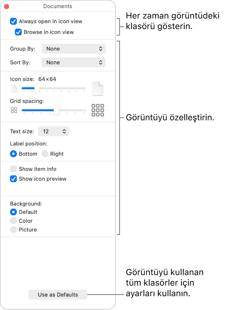 Klasör için simge görüntüsü seçenekleri.