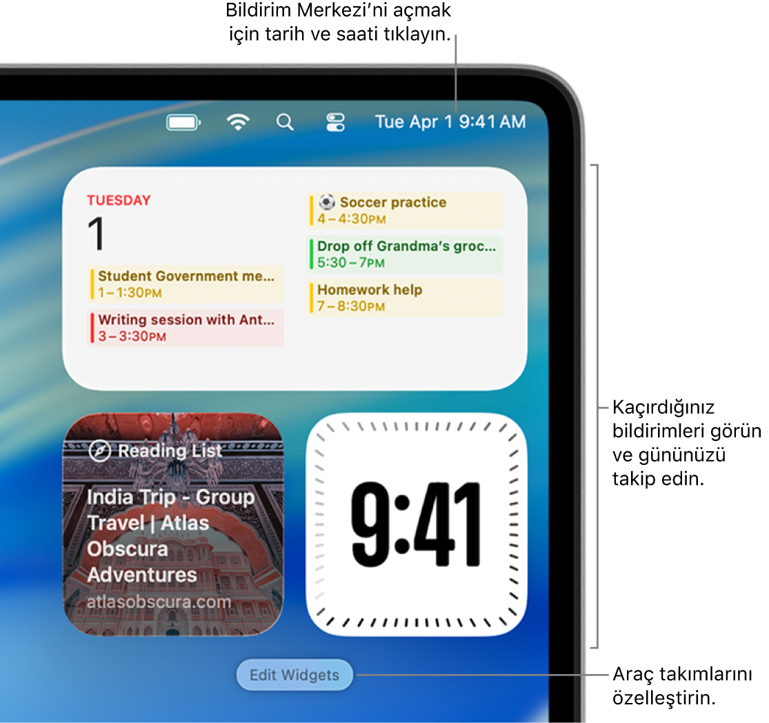 Bildirim Merkezi’ndeki bildirimler ve araç takımları.