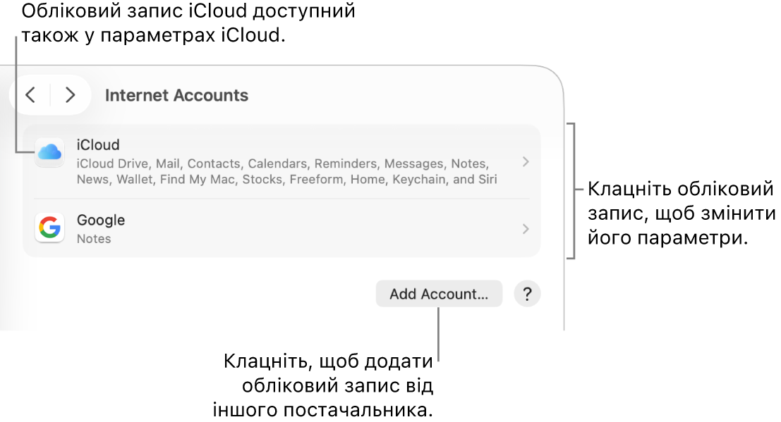 Параметри «Інтернет-записи» зі списком записів, налаштованих на комп’ютері Mac.