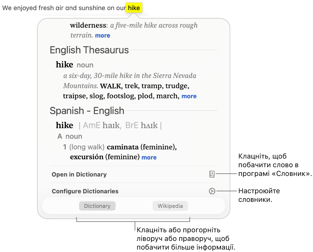 Вікно «Пошук» із визначеннями слова в Словнику та тезаурусі.