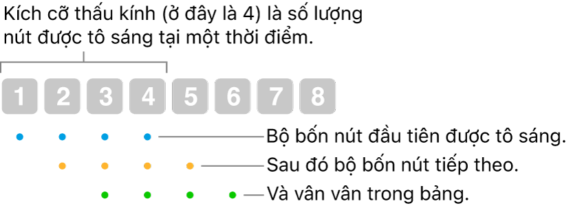 Hình minh họa cách tùy chọn Trượt & bước hoạt động: Một nhóm bốn nút (kích cỡ ống kính) được tô sáng rồi nhóm bốn nút tiếp theo và cứ thế, theo thứ tự gối chồng lên nhau.