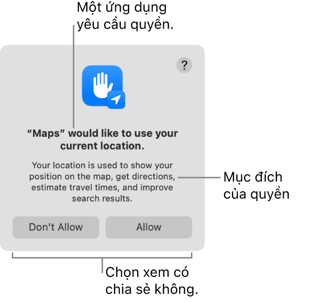 Ứng dụng Bản đồ đang xin phép sử dụng vị trí hiện tại của bạn.