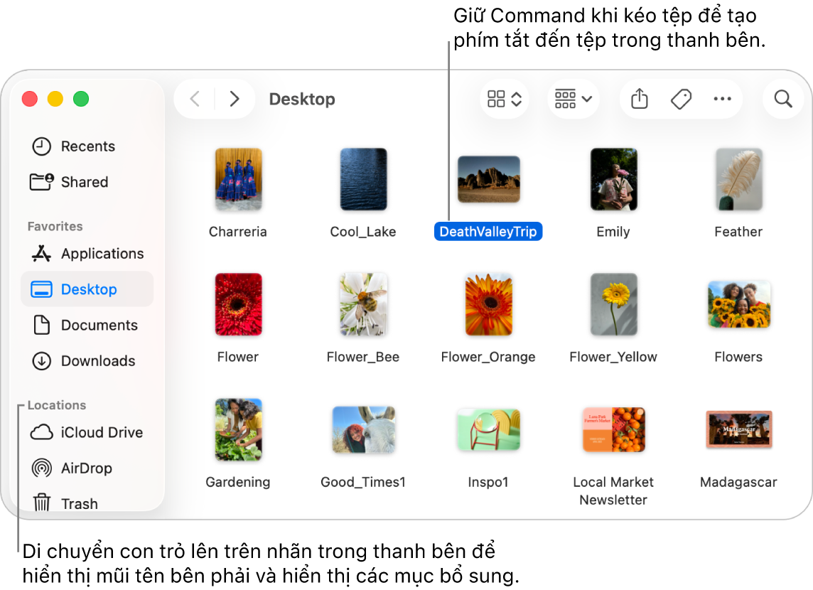 Ở bên phải của Vị trí trong thanh bên Finder là mũi tên để bấm nhằm hiển thị các mục bổ sung. Trong cửa sổ Finder ở bên phải, một tệp được chọn, và một phím tắt đến tệp nằm trong thanh bên, bên dưới Mục ưa thích.