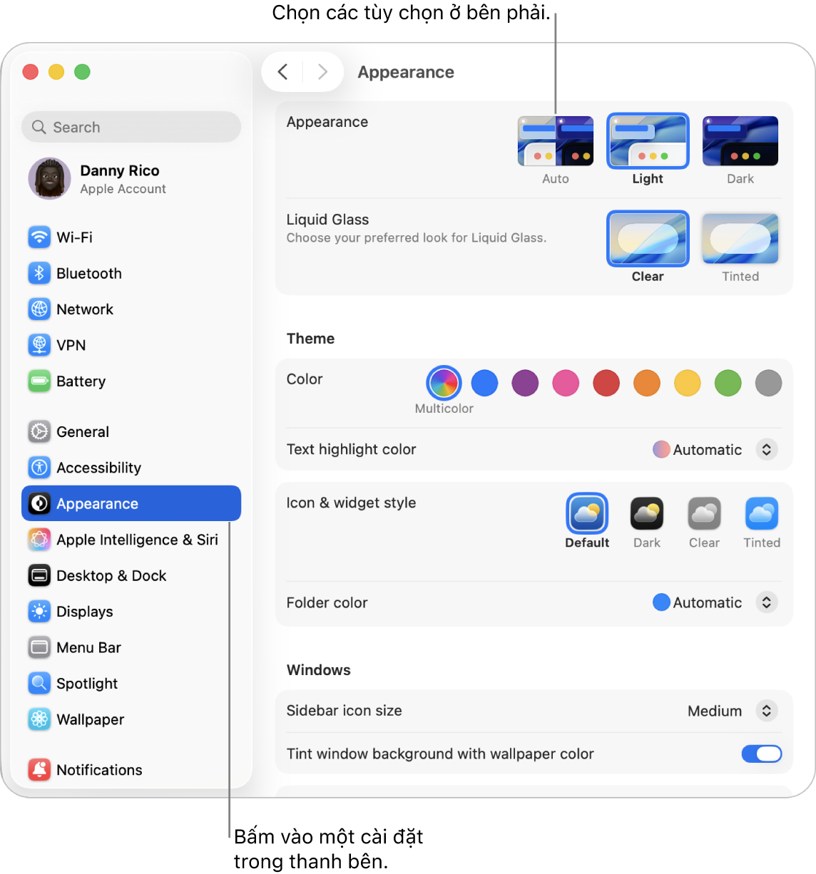 Cửa sổ Cài đặt hệ thống, với cài đặt Giao diện được chọn trong thanh bên và các tùy chọn Giao diện ở bên phải.