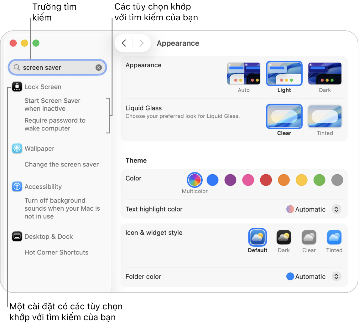 Cửa sổ Cài đặt hệ thống đang hiển thị “trình bảo vệ màn hình” trong trường tìm kiếm và danh sách các kết quả tìm kiếm phù hợp bên dưới trường tìm kiếm.