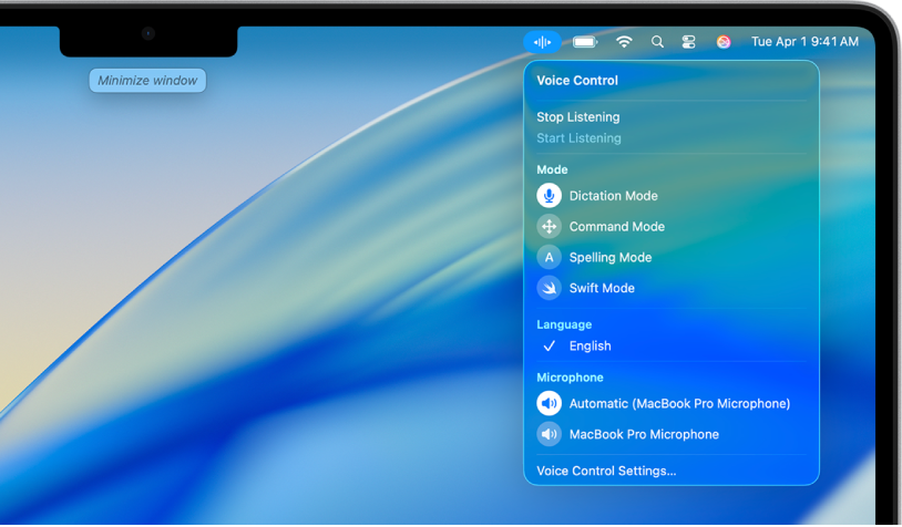 Biểu tượng Khẩu lệnh được hiển thị trong thanh menu và menu Khẩu lệnh được mở.