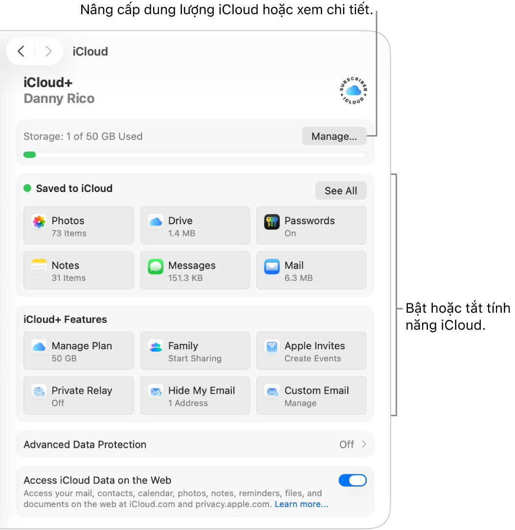 Cài đặt iCloud cho các tính năng được sử dụng thường xuyên nhất.