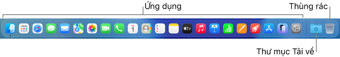 Dock đang hiển thị các biểu tượng cho các ứng dụng, thư mục Tải về và Thùng rác.