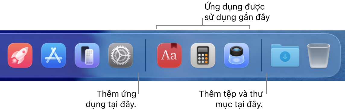 Đầu bên phải của Dock đang hiển thị các đường phân tách trước và sau phần ứng dụng được sử dụng gần đây.