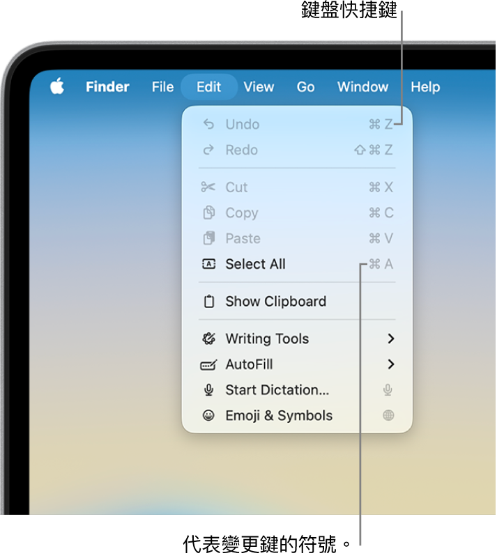 「編輯」選單在 Finder 中開啟；鍵盤快捷鍵顯示於選單項目旁邊。