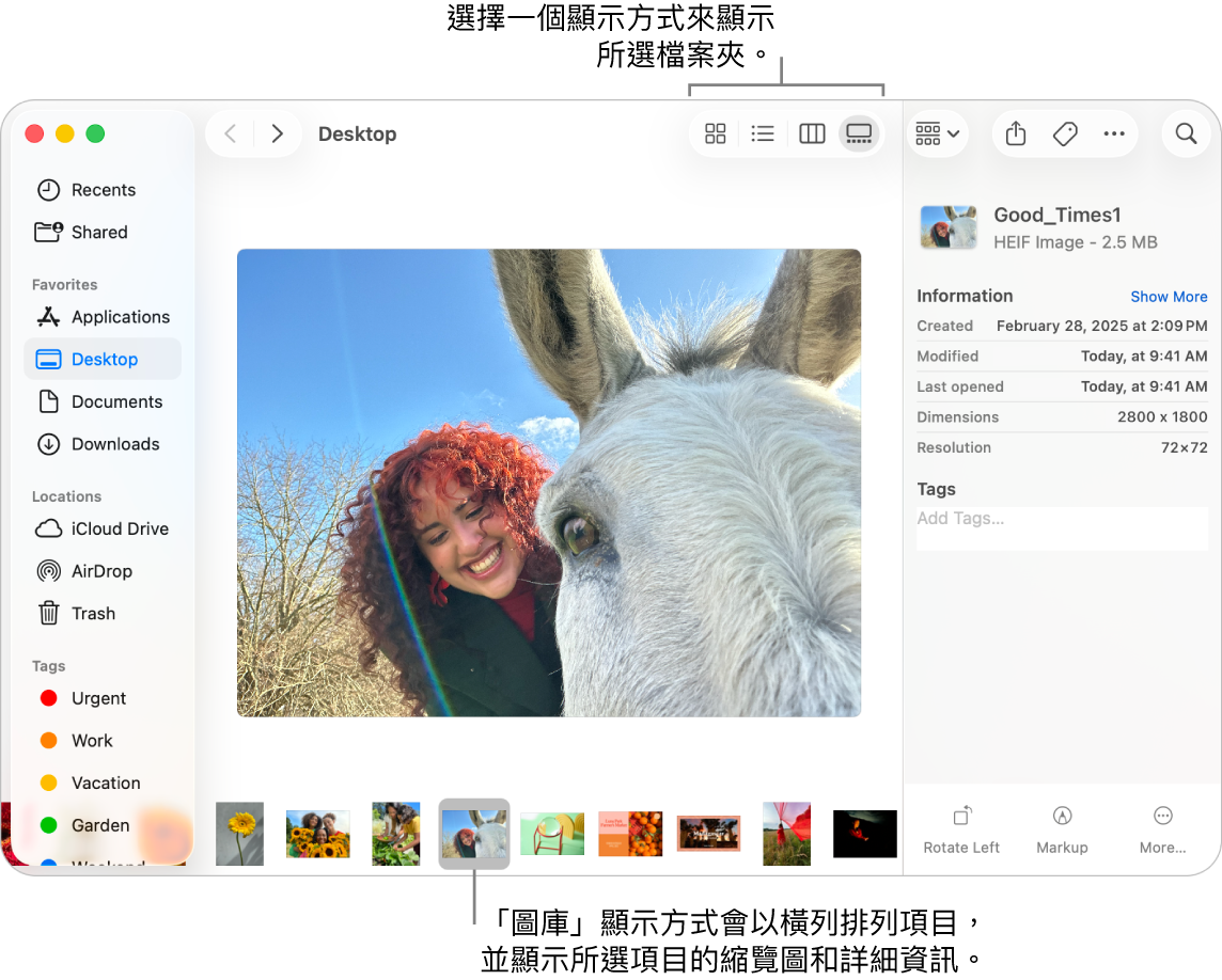Finder 視窗，左側顯示 Finder 側邊欄，視窗的底部顯示一個已選取的影像檔案。中間為「預覽」面板，顯示影像外觀，右側為影像詳細資訊和「快速動作」按鈕。