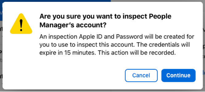 Alerte d’inspection montrant pendant combien de temps le compte avec compte Apple géré peut être inspecté.