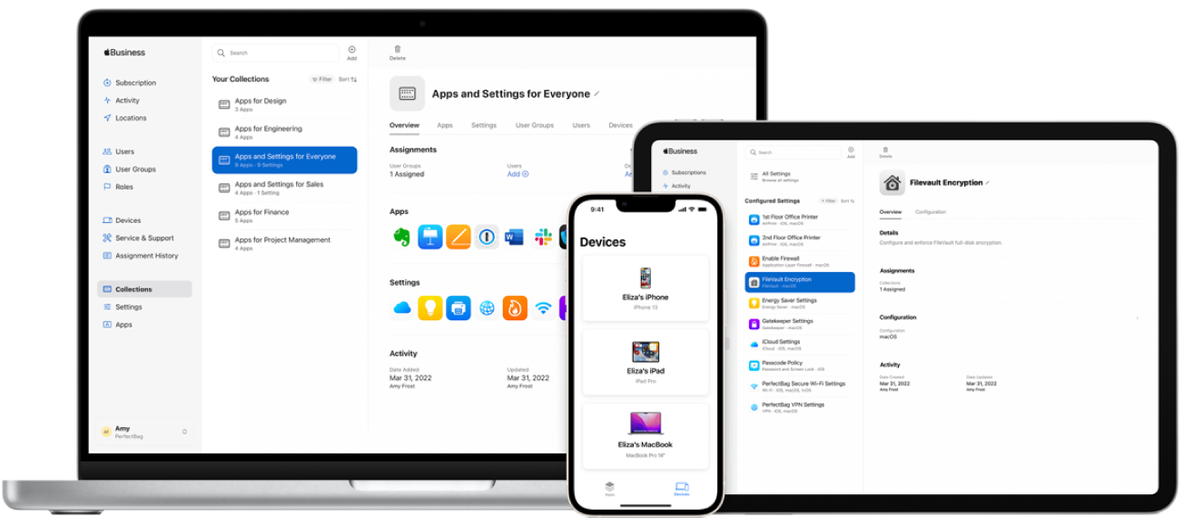 La ventana Colecciones de Apple Business Essentials muestra un conjunto seleccionado de colecciones para cada empleado.