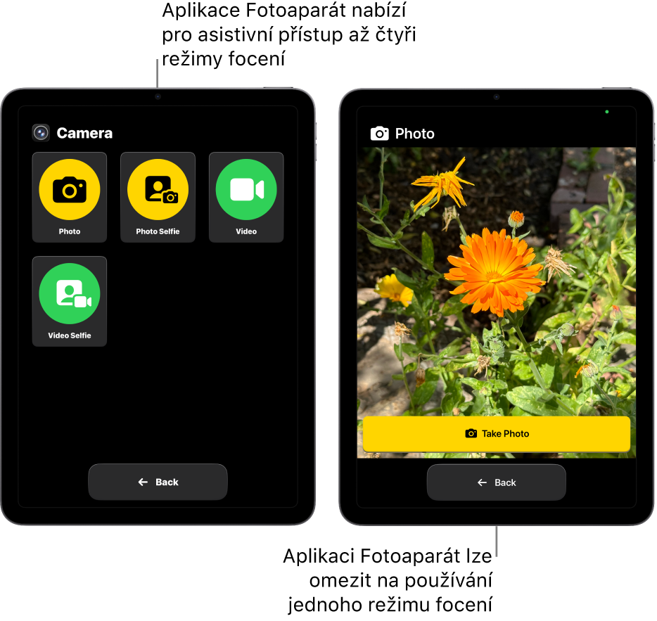 Displeje dvou iPadů v režimu asistivního přístupu. Na prvním iPadu je vidět aplikace Fotoaparát s režimy, které si uživatel může vybrat, například Video nebo Selfie. Na druhém iPadu je zobrazená aplikace Fotoaparát s jediným režimem pro pořizování fotek.