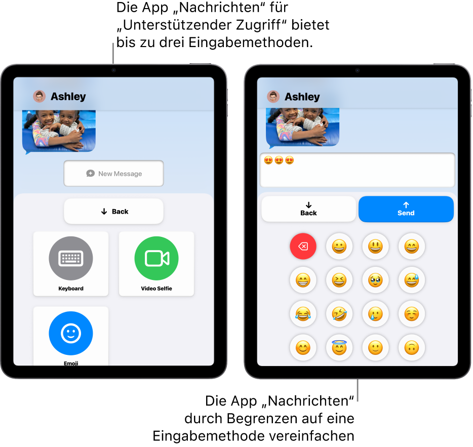Zwei iPad-Bildschirme mit der aktivierten Funktion „Unterstützender Zugriff“. Auf einem iPad wird die App „Nachrichten“ mit auswählbaren Eingabemethoden wie „Tastatur“ oder „Video-Selfie“ angezeigt. Auf dem anderen wird das Senden einer Nachricht mit der Emoji-Tastatur angezeigt.