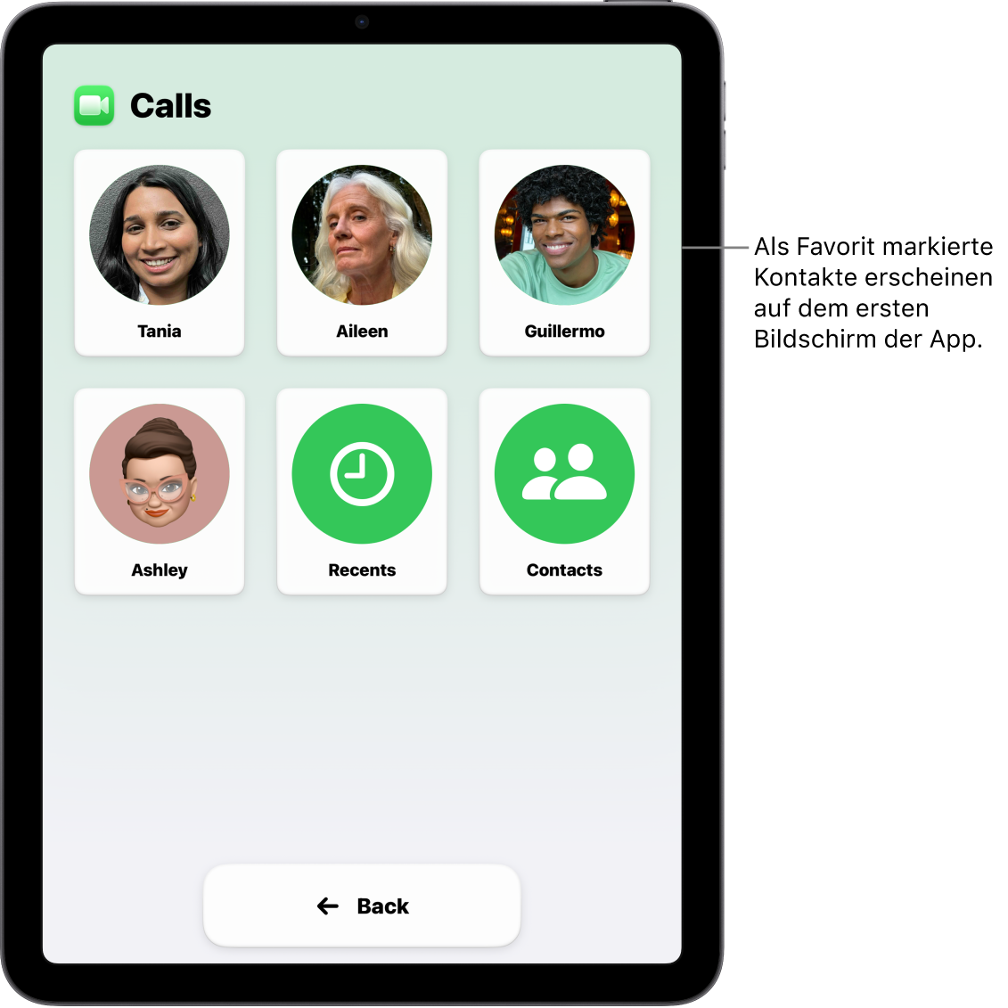 Ein iPad mit der aktivierten Funktion „Unterstützender Zugriff“ und der geöffneten App „Anrufe“, in der ein großes Raster mit Fotos und Namen von Kontakten angezeigt wird.