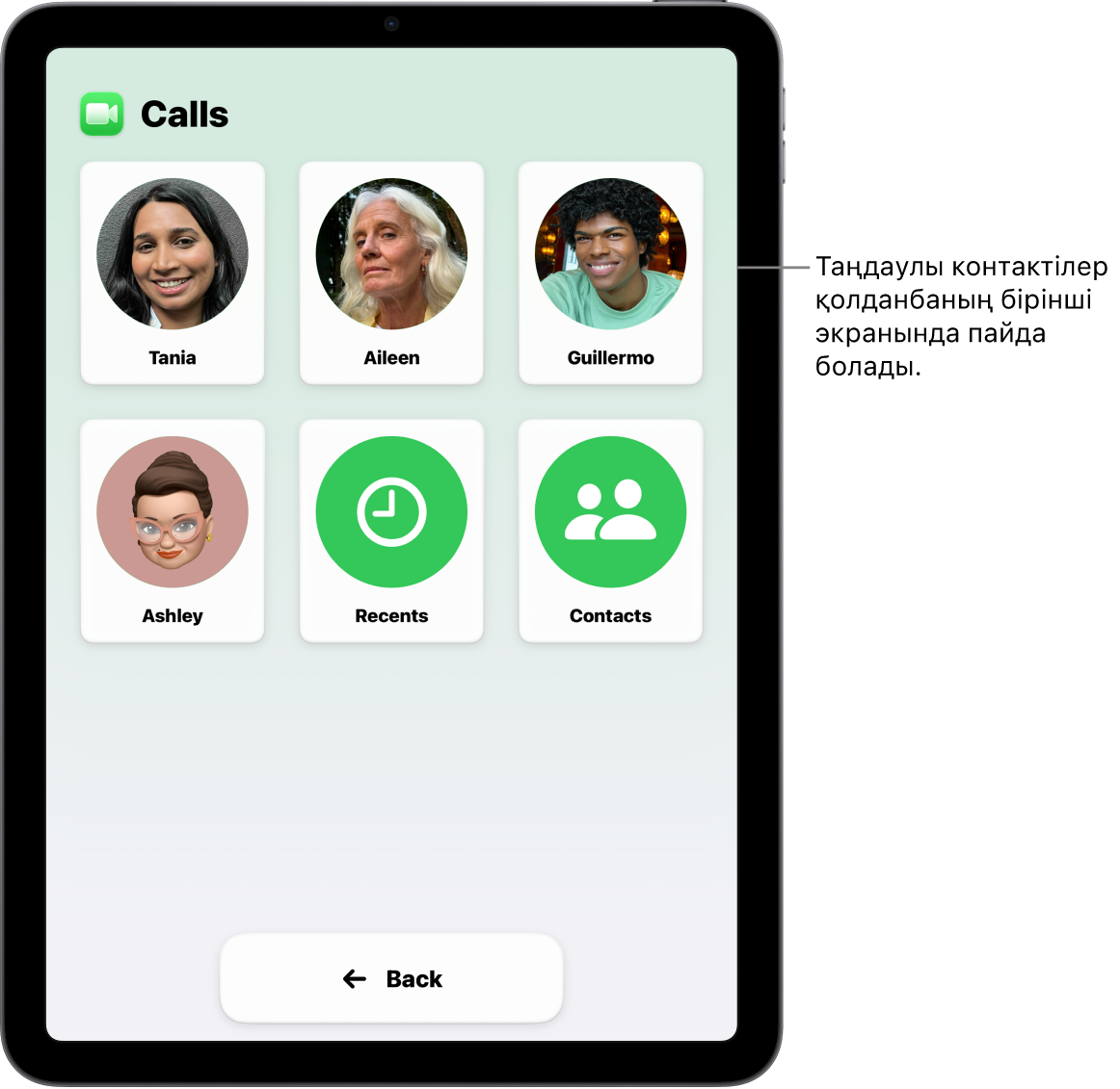 Контакт фотосуреттері мен аттарының үлкен торын көрсетіп тұрған, «Қоңыраулар» қолданбасы ашық тұрған Қарапайым режимдегі iPad.