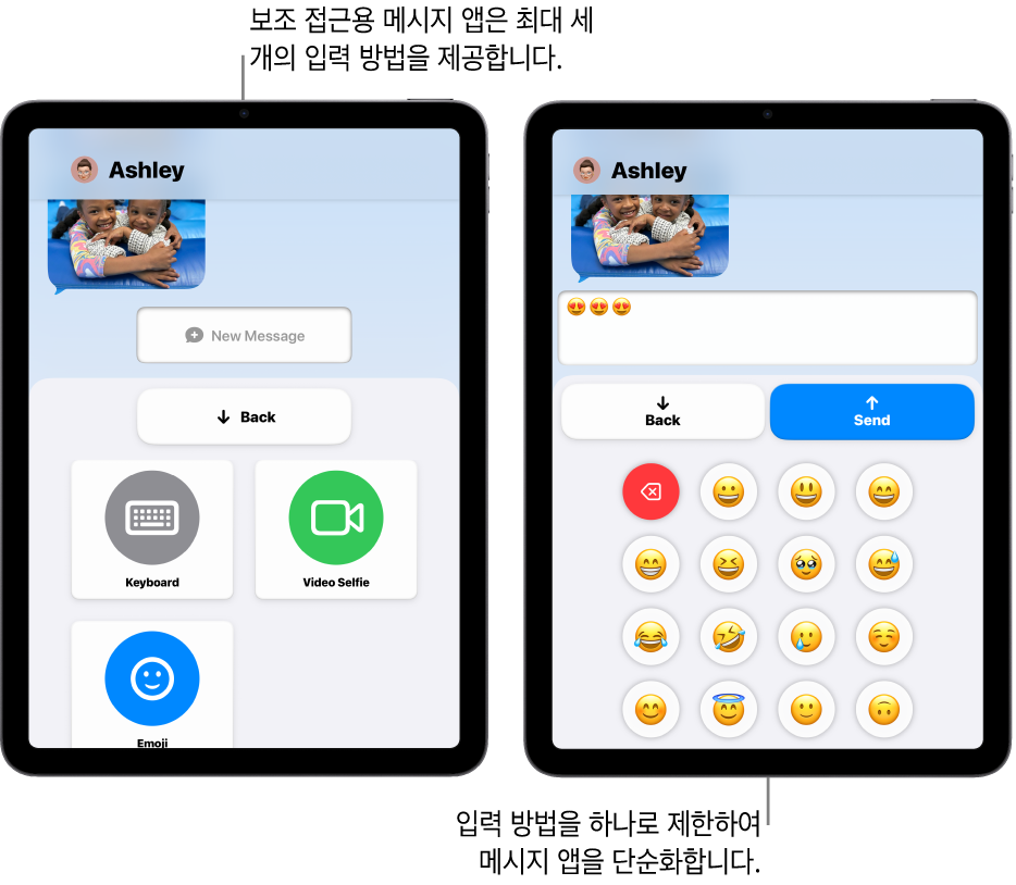 보조 접근을 사용 중인 두 개의 iPad 화면. 한 iPad에는 키보드 또는 비디오 셀피와 같이 사용자가 선택할 수 있는 입력기가 나타난 메시지 앱이 표시됨. 다른 하나에는 이모지 전용 키보드를 사용하여 전송 중인 메시지가 표시됨.