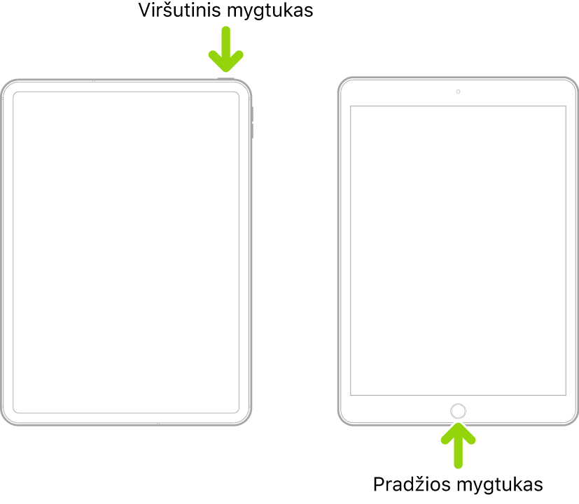 Vienas „iPad“, kuriame yra viršutinis mygtukas ir nėra pradžios mygtuko, o kitame „iPad“ yra pradžios mygtukas. Rodyklės nurodo kiekvieno mygtuko vietą.