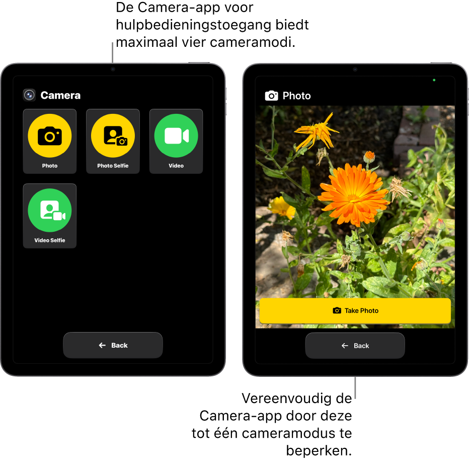 Twee iPad-schermen in hulpbedieningstoegang. Op de ene iPad is de Camera-app te zien met cameramodi waaruit de gebruiker kan kiezen, zoals 'Video' en 'Fotoselfie'. Op de andere iPad is de Camera-app te zien met alleen de modus voor het maken van foto's.