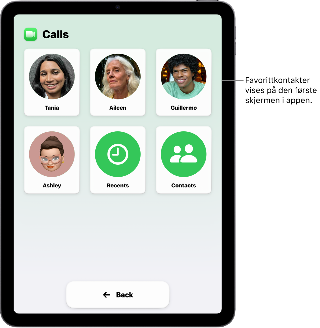 En iPad i Assistert tilgang med Anrop-appen åpen, som viser et rutenett med kontaktbilder og -navn.