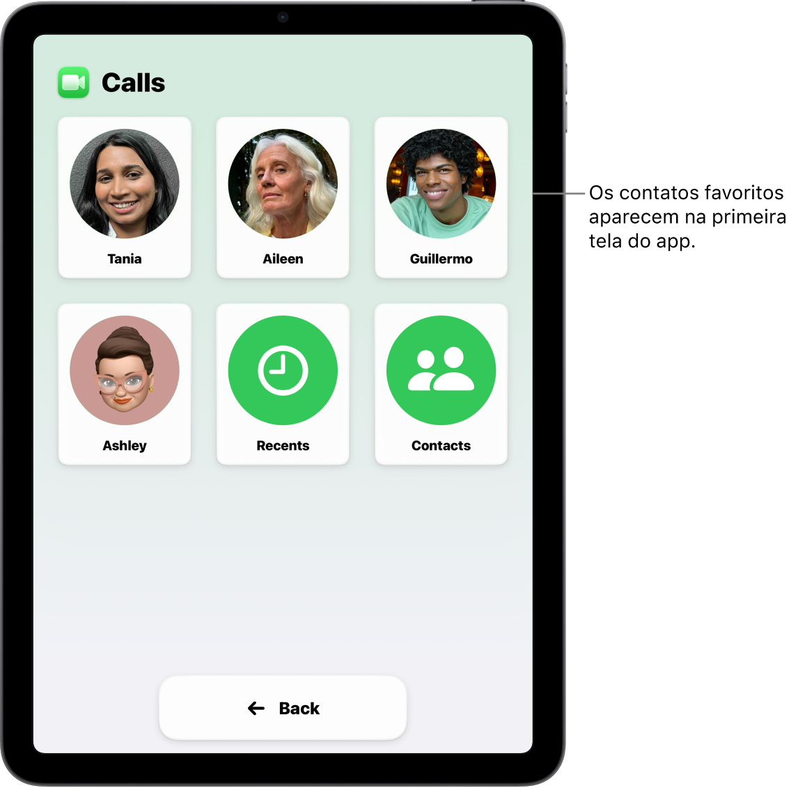 iPad no Acesso Assistivo com o app Ligações aberto, mostrando uma lista de fotos e nomes de contatos.