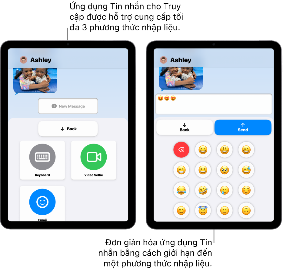 Hai màn hình iPad ở chế độ Truy cập được hỗ trợ. Một iPad hiển thị ứng dụng Tin nhắn với các chế độ nhập liệu để người dùng lựa chọn, như Bàn phím hoặc Video selfie. Máy còn lại hiển thị một tin nhắn đang được gửi bằng bàn phím chỉ có biểu tượng.