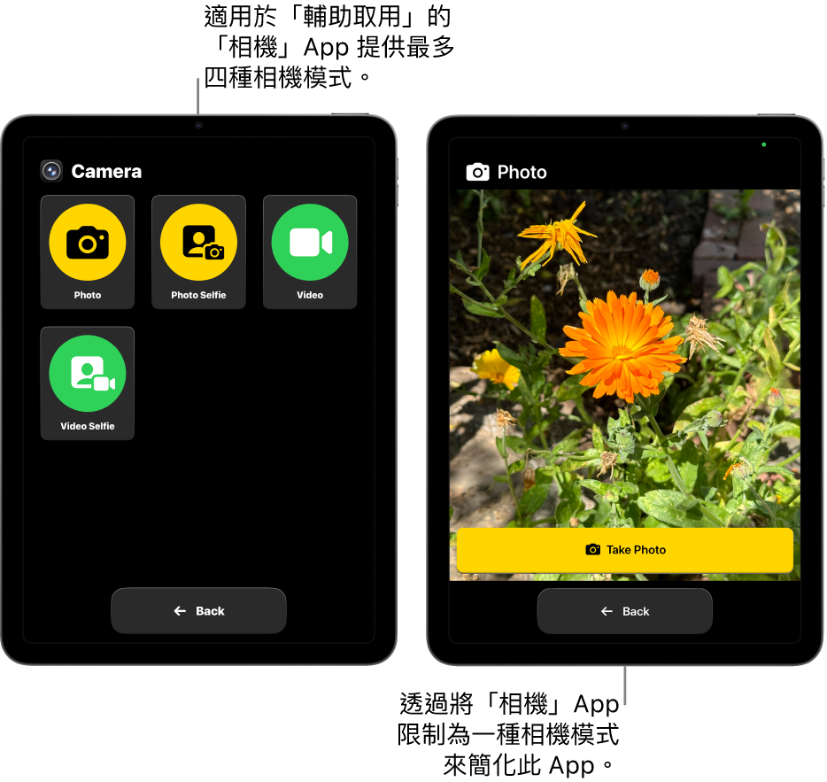 兩個處於「輔助取用」的 iPad 畫面。一部 iPad 顯示「相機」App,其中包括可讓用户選擇的相機模式,例如「錄影」或「自拍」。另一部 iPad 顯示的「相機」App 包括單一影相模式。