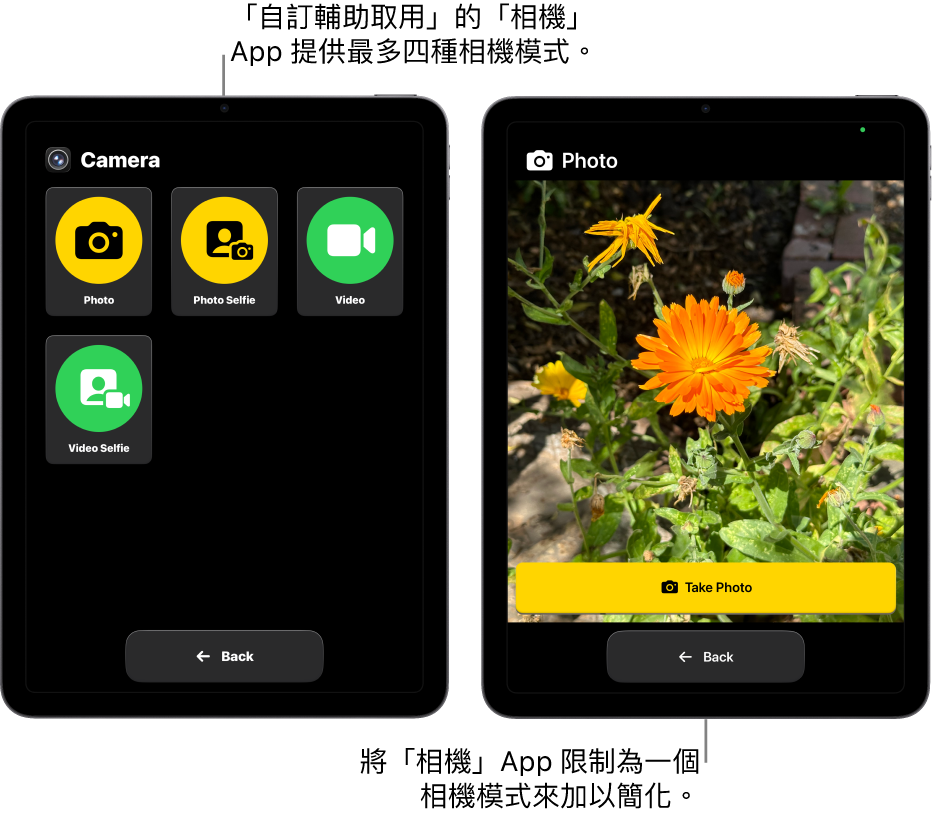 顯示「自訂輔助取用」畫面的兩部 iPad。一部 iPad 顯示「相機」App 可讓使用者選擇「錄影」或「自拍照片」等相機模式。另一部 iPad 顯示「相機」App 只有單一拍照模式。