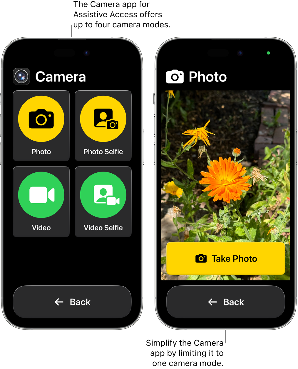 Two iPhone screens in Assistive Access. One iPhone shows the Camera app with camera modes for the user to choose from, like Video or Photo Selfie. The other iPhone shows the Camera app with a single mode for taking photos.