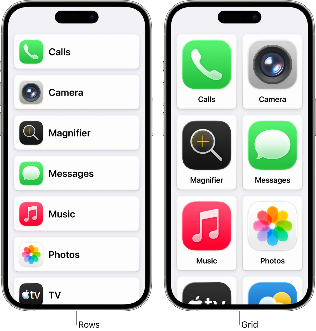 Two iPhone screens in Assistive Access. One shows the Home Screen with apps listed in a row. The other shows larger apps arranged in a grid.