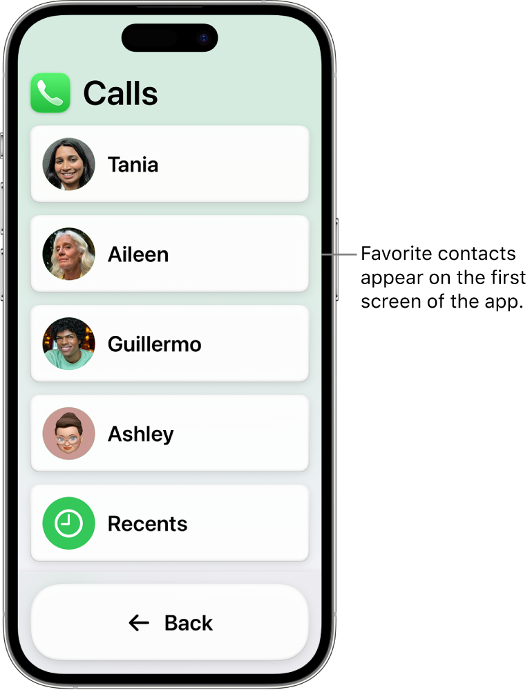 An iPhone in Assistive Access with the Calls app open, showing a list of contact photos and names.
