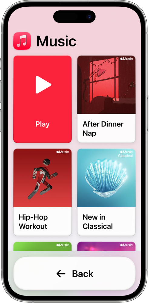 iPhone dalam Akses Bantuan dengan app Musik terbuka. Tombol Putar berada di bagian pojok kiri atas layar dan tombol Kembali berada di bagian bawah. Grid besar daftar putar mengisi sisa layar.