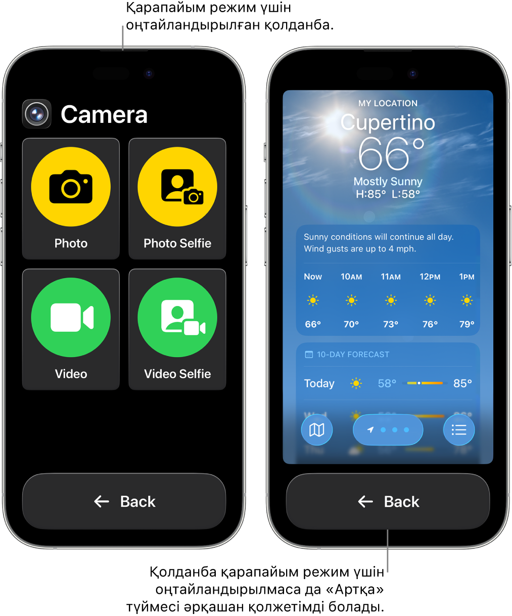 Қарапайым режимдегі екі iPhone экраны. Бір iPhone құрылғысы түймелердің үлкен торы бар Қарапайым режимге арналған қолданбаны көрсетеді. Басқа iPhone Қарапайым режимге арналмаған қолданбаны және оның түпнұсқа дизайнында көрсетеді. Қолданба экранда кішірек, төменінде үлкен «Артқа» түймесі болады.