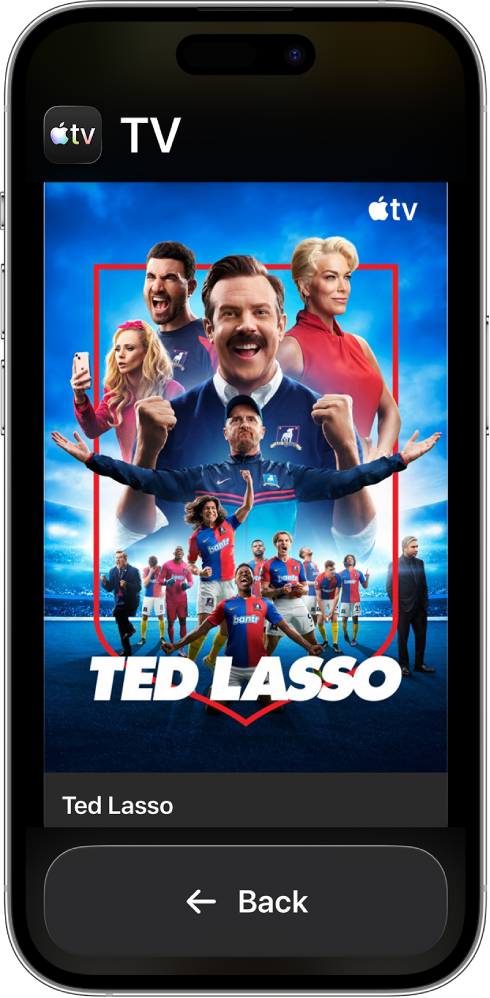 „iPhone“ įrenginyje įjungta pagalbinė prieiga – rodomos „Apple TV“ laidos, o apačioje yra mygtukas „Atgal“.