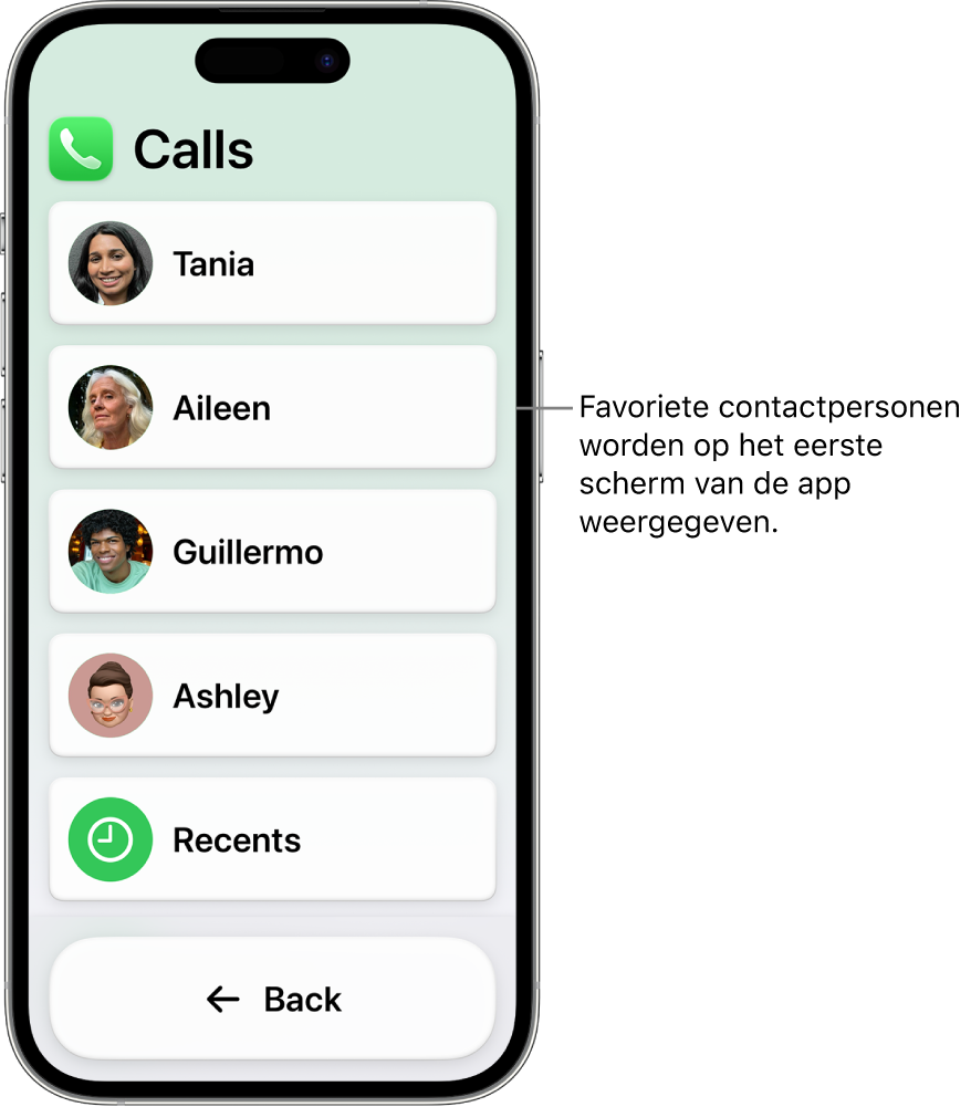 Een iPhone met hulpbedieningstoegang, waarop de Oproepen-app is geopend en waarop een lijst met foto's en namen van contactpersonen te zien is.