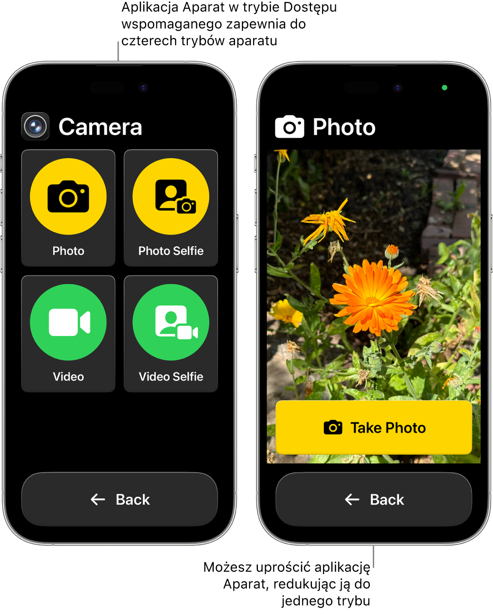 Dwa ekrany iPhone’a w trybie Dostęp wspomagany Jeden iPhone wyświetlający aplikację Aparat z trybami do wyboru przez użytkownika, takimi jak Wideo lub Zdjęcie selfie. Drugi iPhone wyświetlający aplikację Aparat z jednym trybem robienia zdjęć.