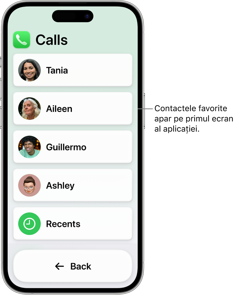 Un iPhone în modul Acces asistiv, cu aplicația Apeluri deschisă, afișând o listă cu poze și nume ale contactelor.