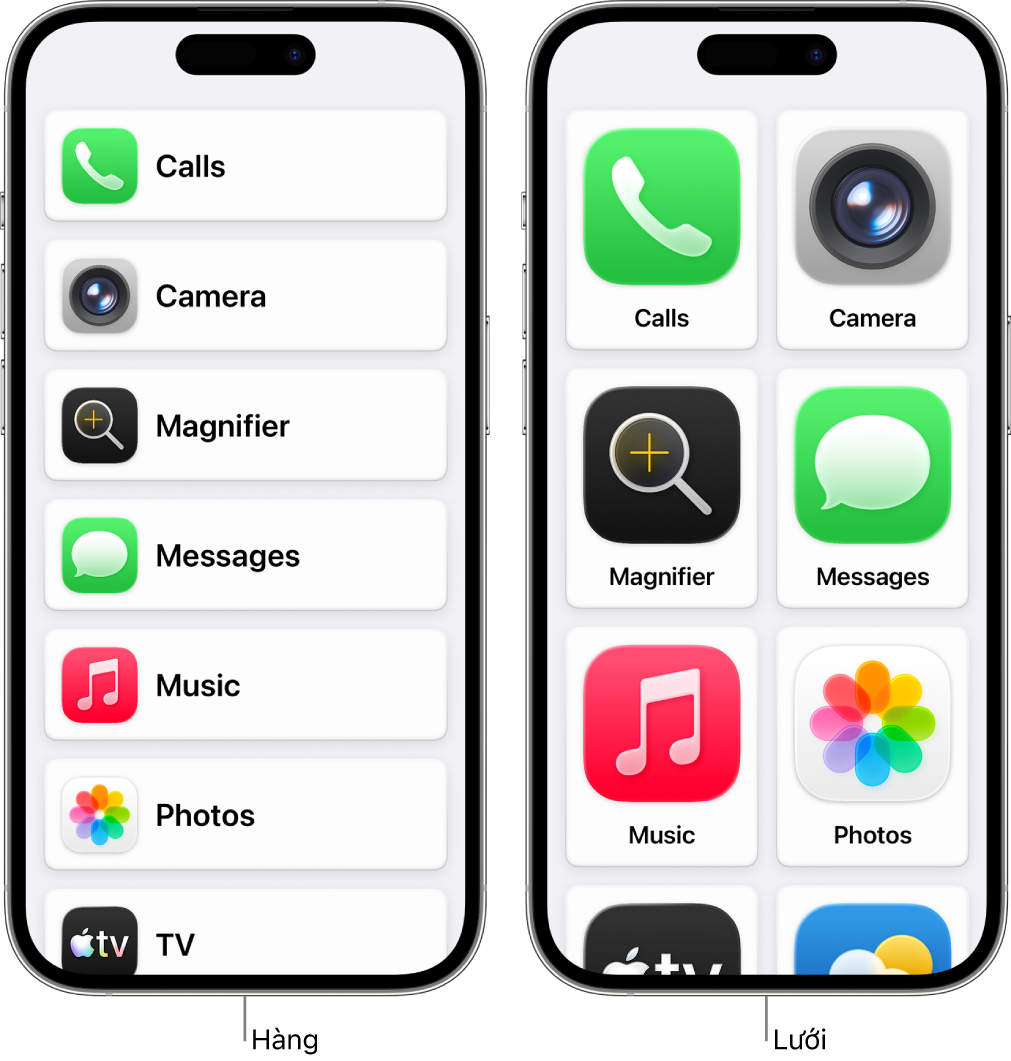 Hai màn hình iPhone ở chế độ Truy cập được hỗ trợ. Một máy hiển thị Màn hình chính với các ứng dụng được liệt kê trong một hàng. Máy còn lại hiển thị các ứng dụng lớn hơn được sắp xếp trong một lưới.