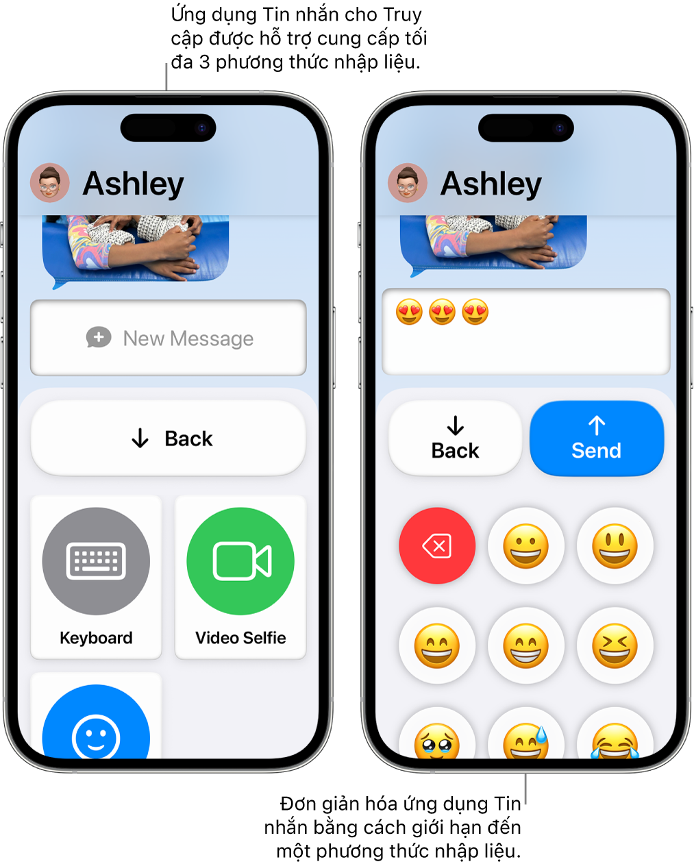 Hai màn hình iPhone ở chế độ Truy cập được hỗ trợ. Một iPhone hiển thị ứng dụng Tin nhắn với các chế độ nhập liệu để người dùng lựa chọn, như Bàn phím hoặc Video selfie. Máy còn lại hiển thị một tin nhắn đang được gửi bằng bàn phím chỉ có biểu tượng.