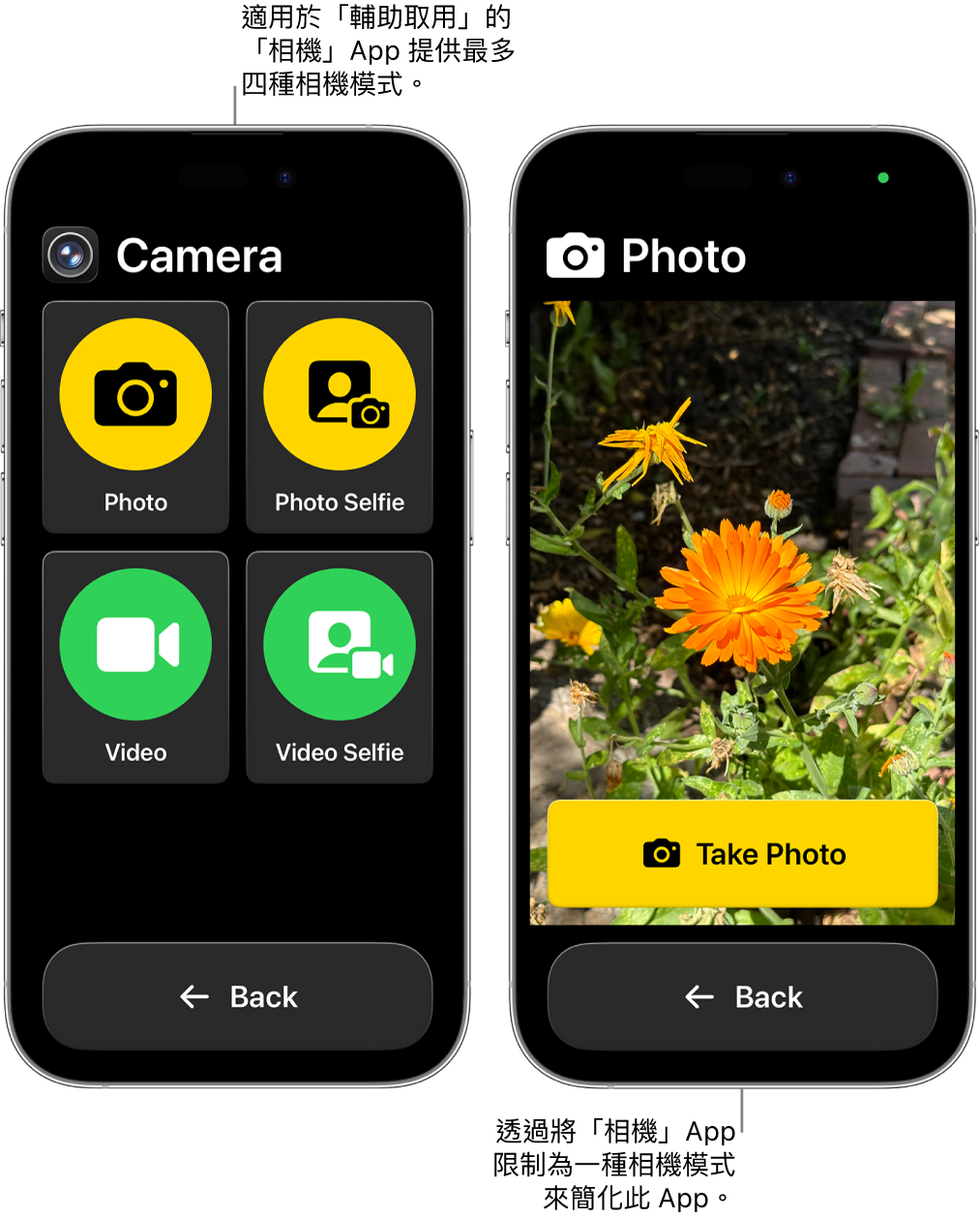 兩個處於「輔助取用」的 iPhone 畫面。一部 iPhone 顯示「相機」App，其中包括可讓用户選擇的相機模式，例如「影片」或「自拍相片」。另一部 iPhone 顯示的「相機」App 包括單一影相模式。