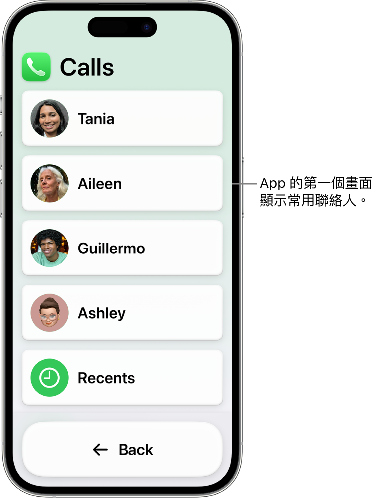 iPhone 處於「輔助取用」並且已開啟「通話」App，其中顯示聯絡人相片和姓名的列表。