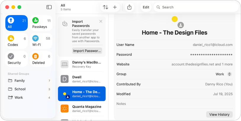 The main screen for the Passwords app, showing the types of passwords in the sidebar on the left (with All selected), a list of password accounts in the middle (with Home - The Design Files selected), and the details of the Home - The Design Files account on the right.