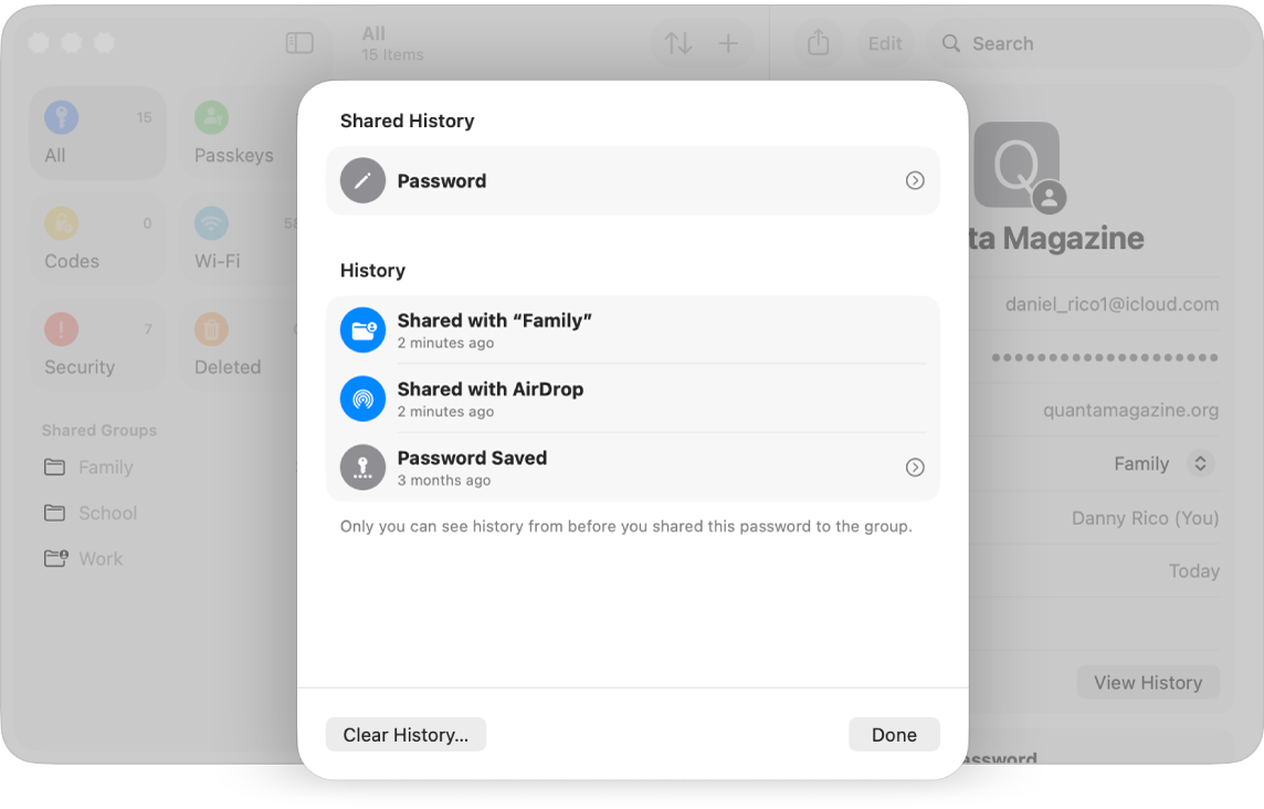 L’historique des modifications apportées au mot de passe du compte d’une app, avec les dates de partage et d’enregistrement du mot de passe.